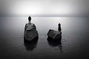 Two people standing separately on rocks in a calm ocean