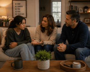 Mother and father talking with young adult daughter