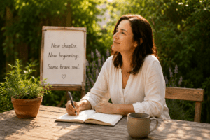 Woman journalling with a hopeful look.