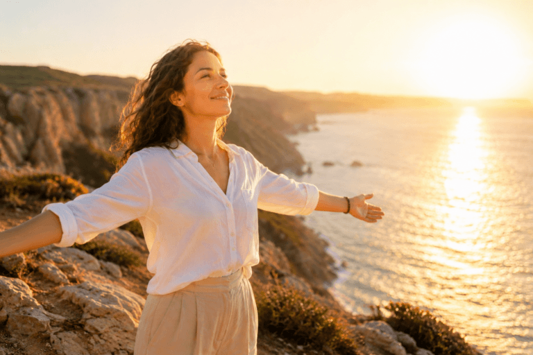 Woman on coastline with her face to the sun