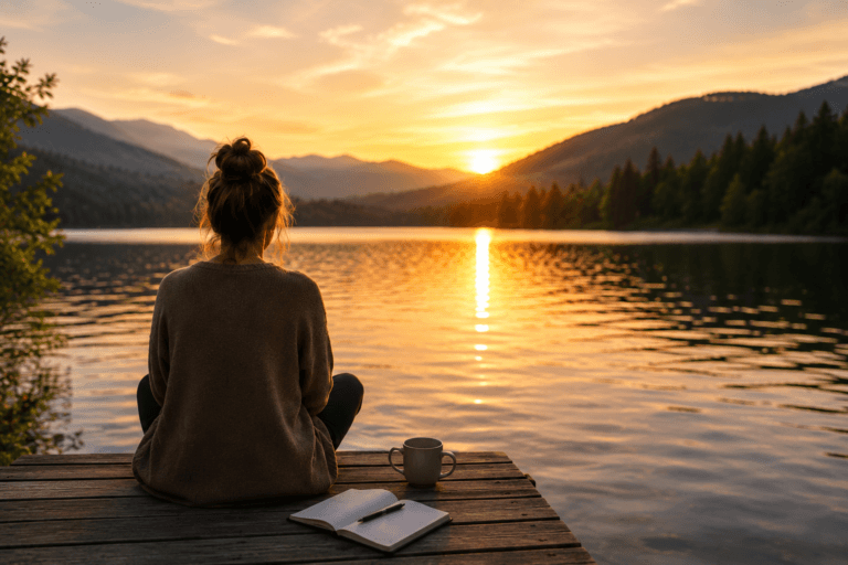 Woman alone on a dock watching the sunset