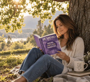 Conscious parent sitting against a tree reading a parenting book