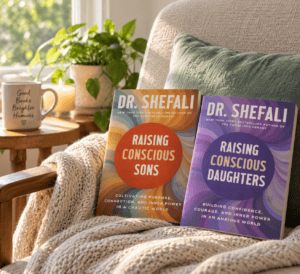 Conscious Parent books on an accent chair