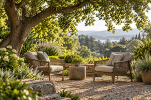 Two inviting chairs in a garden